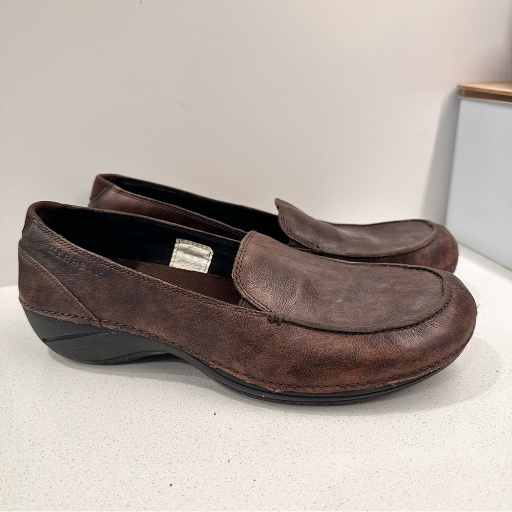 Merrell Womens Parma Dark Brown Slip on Loafers Leather 8 Split Front Toe